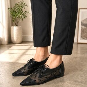 Black Sheer Polka Dot Pointed Lace-Up Flats